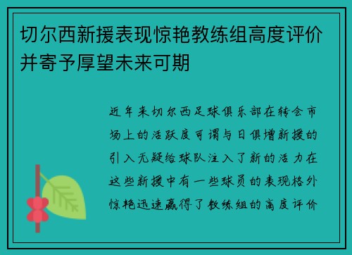 切尔西新援表现惊艳教练组高度评价并寄予厚望未来可期
