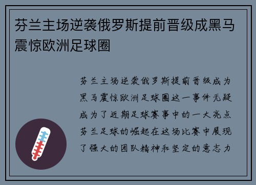 芬兰主场逆袭俄罗斯提前晋级成黑马震惊欧洲足球圈