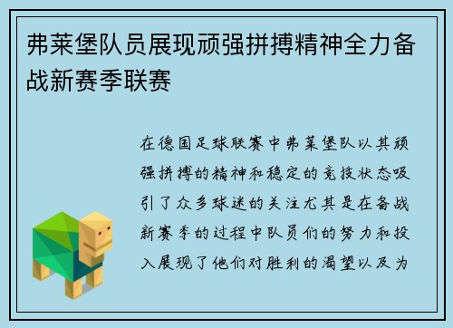 弗莱堡队员展现顽强拼搏精神全力备战新赛季联赛