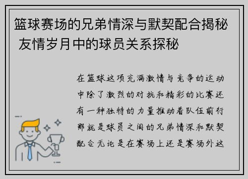 篮球赛场的兄弟情深与默契配合揭秘 友情岁月中的球员关系探秘
